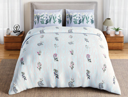 Spaces Flora 100% Cotton 144 TC Percale Floral Double Bedsheet with 2 Pillow Covers, Light Blue