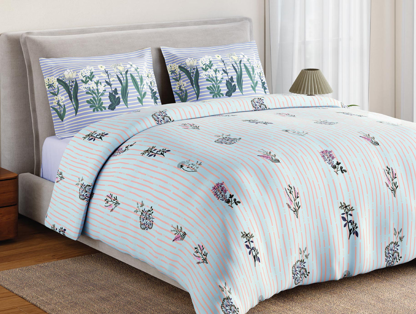 Spaces Flora 100% Cotton 144 TC Percale Floral Double Bedsheet with 2 Pillow Covers, Light Blue