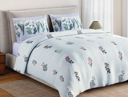 Spaces Flora 100% Cotton 144 TC Percale Floral Double Bedsheet with 2 Pillow Covers, Light Blue