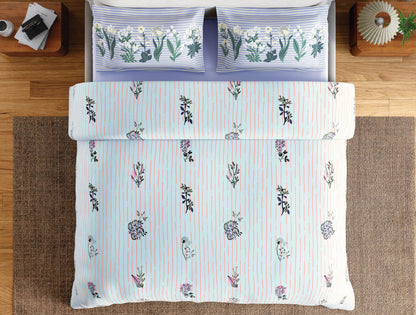 Spaces Flora 100% Cotton 144 TC Percale Floral Double Bedsheet with 2 Pillow Covers, Light Blue