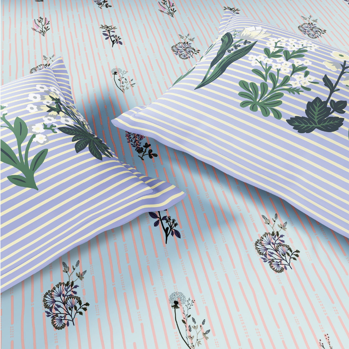 Spaces Flora 100% Cotton 144 TC Percale Floral Double Bedsheet with 2 Pillow Covers, Light Blue