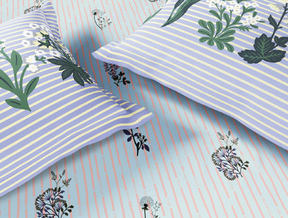 Spaces Flora 100% Cotton 144 TC Percale Floral Double Bedsheet with 2 Pillow Covers, Light Blue
