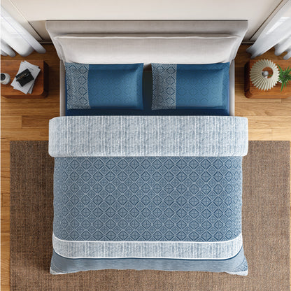 Spaces Flora 100% Cotton 144 TC Percale Geometric Double Bedsheet with 2 Pillow Covers, Dark Blue