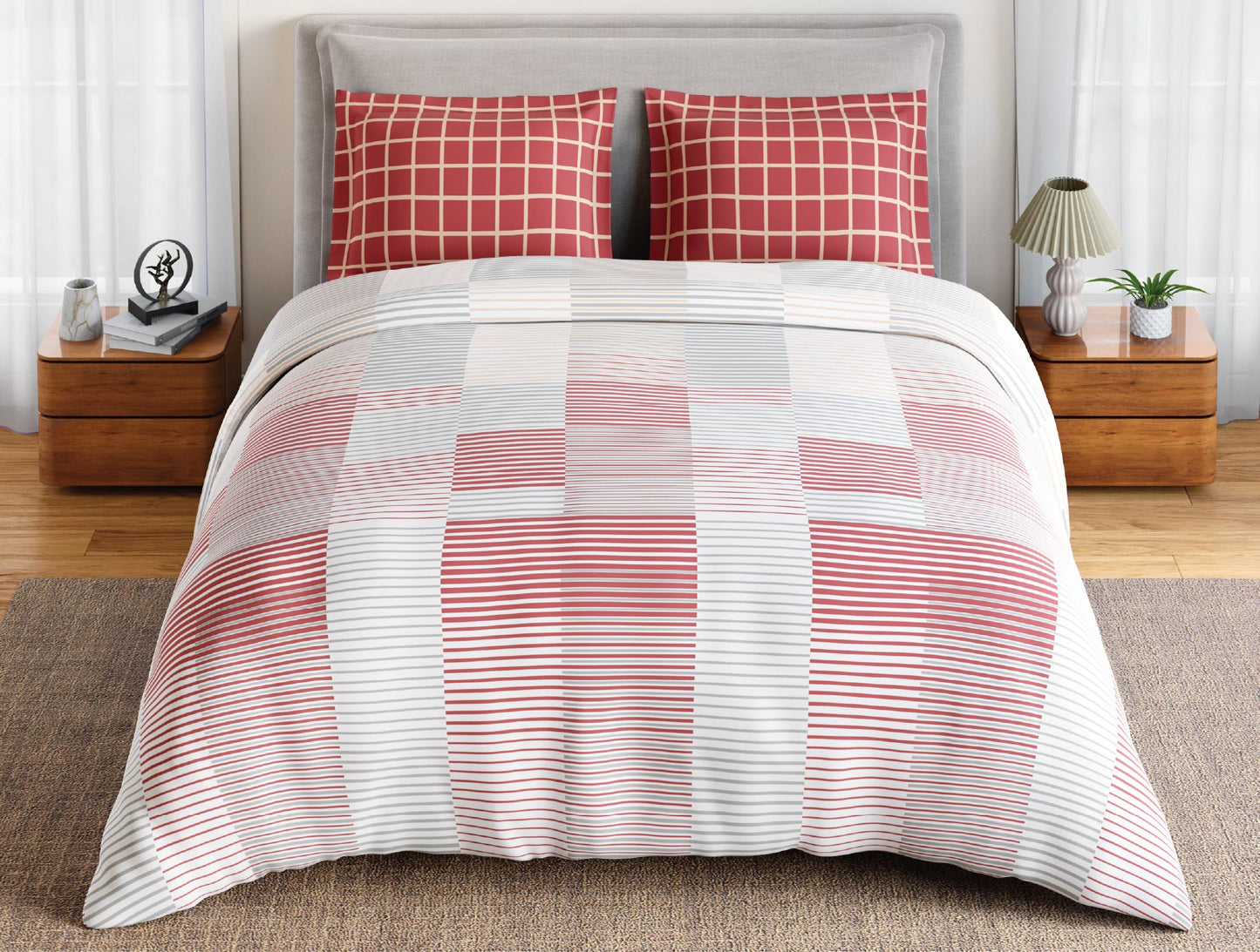 Spaces Flora 100% Cotton 144 TC Percale Geometric Double Bedsheet with 2 Pillow Covers, Dark Pink