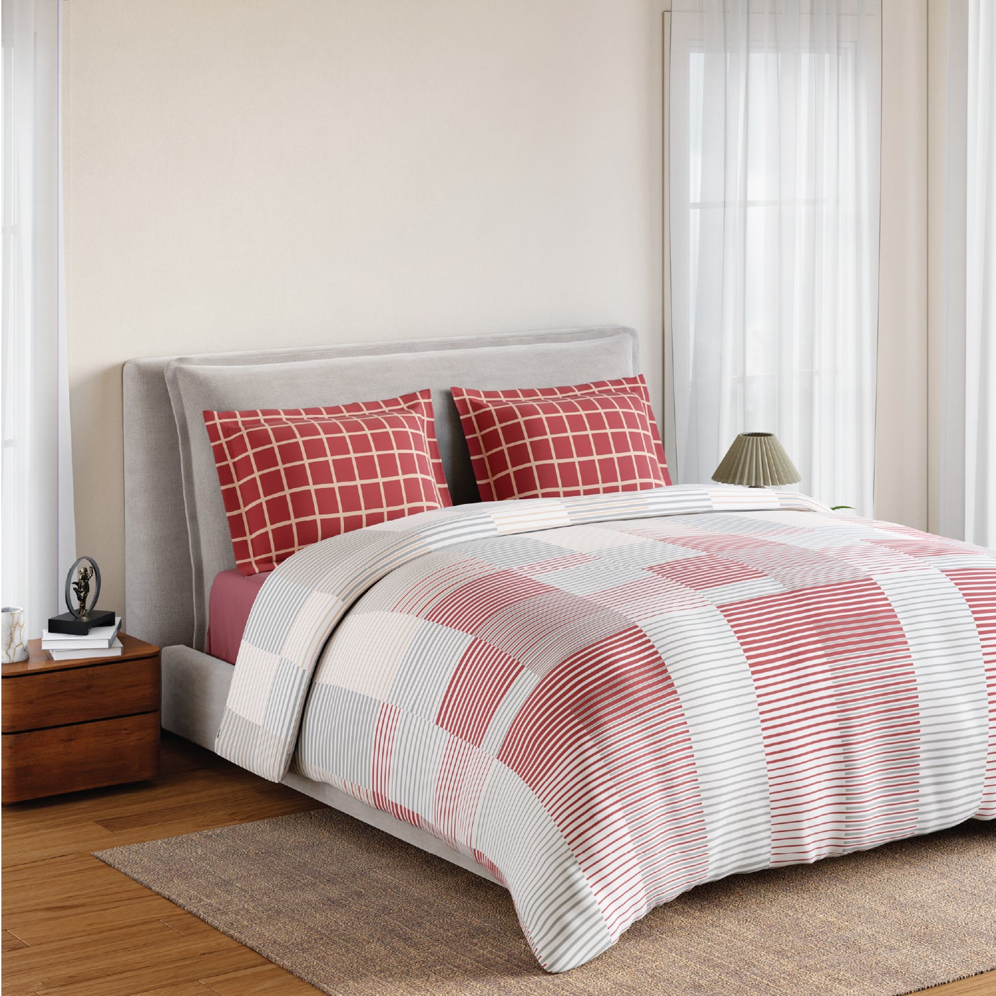 Spaces Flora 100% Cotton 144 TC Percale Geometric Double Bedsheet with 2 Pillow Covers, Dark Pink