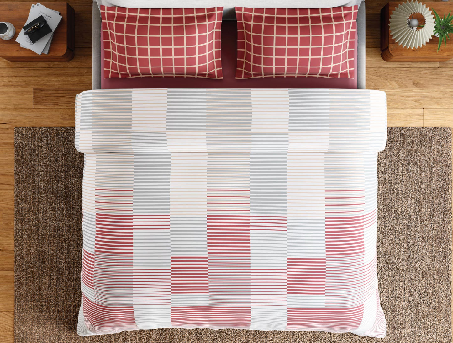 Spaces Flora 100% Cotton 144 TC Percale Geometric Double Bedsheet with 2 Pillow Covers, Dark Pink
