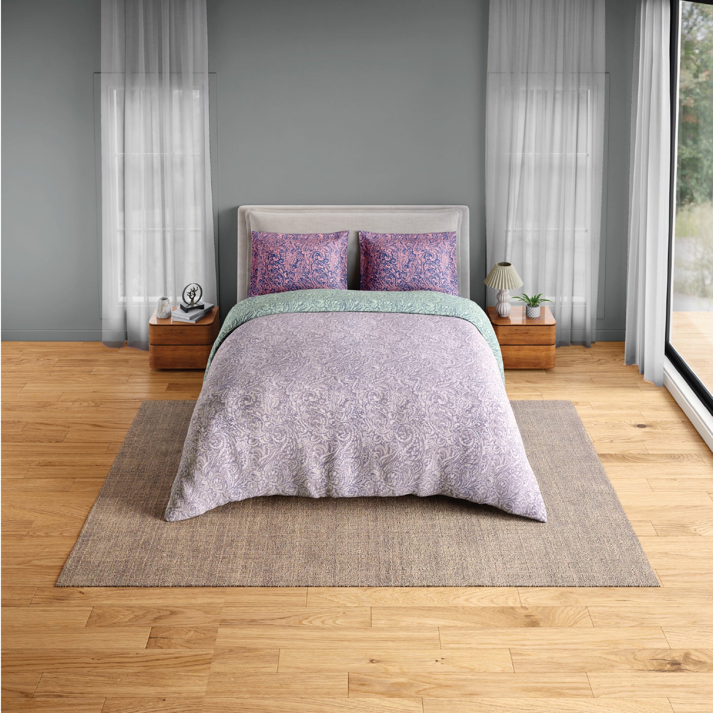 Spaces Flora 100% Cotton 144 TC Percale Floral Double Bedsheet with 2 Pillow Covers, Light Violet