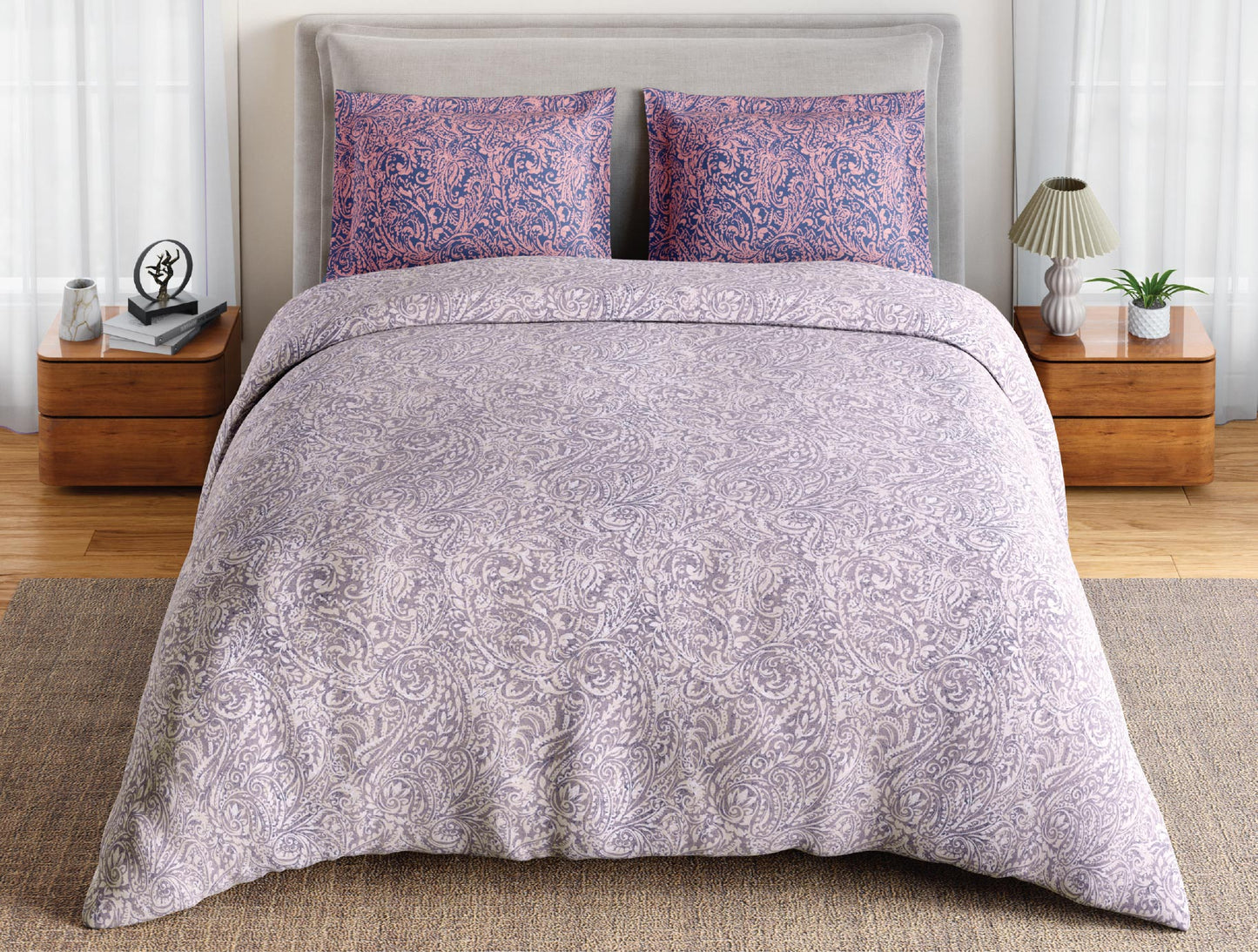 Spaces Flora 100% Cotton 144 TC Percale Floral Double Bedsheet with 2 Pillow Covers, Light Violet