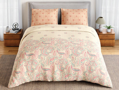Spaces Flora 100% Cotton 144 TC Percale Ornate Double Bedsheet with 2 Pillow Covers, Light Yellow