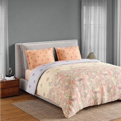 Spaces Flora 100% Cotton 144 TC Percale Ornate Double Bedsheet with 2 Pillow Covers, Light Yellow