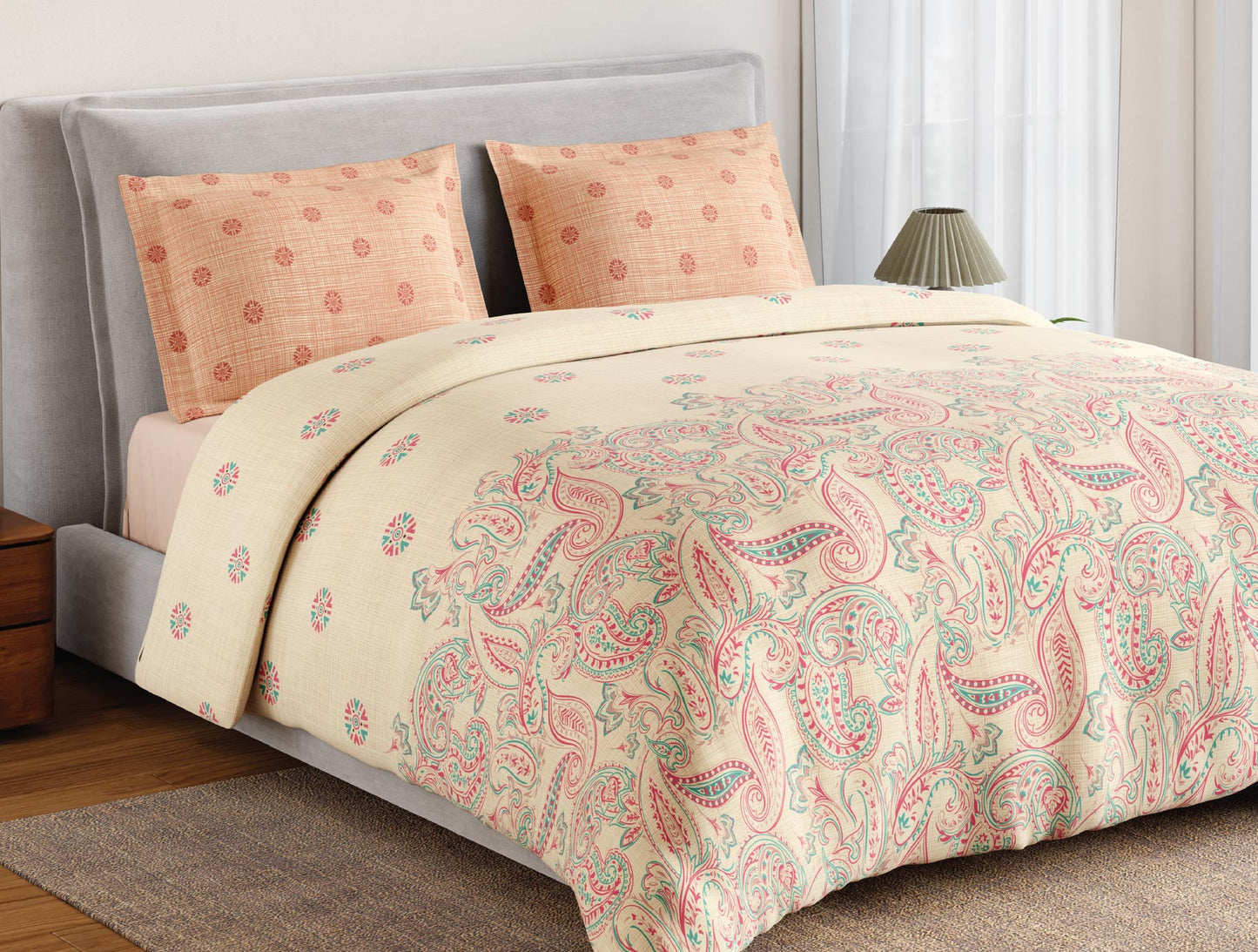 Spaces Flora 100% Cotton 144 TC Percale Ornate Double Bedsheet with 2 Pillow Covers, Light Yellow
