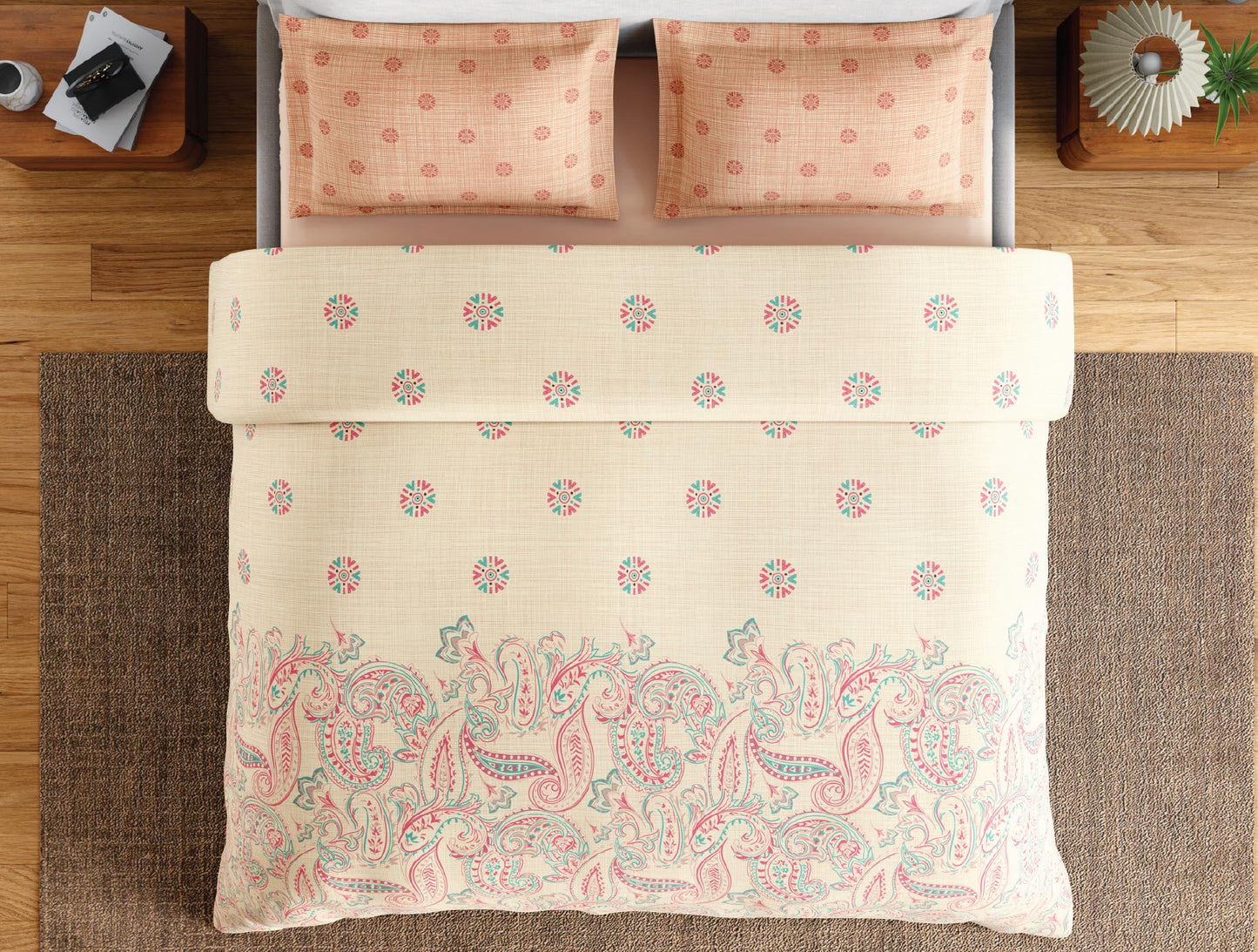 Spaces Flora 100% Cotton 144 TC Percale Ornate Double Bedsheet with 2 Pillow Covers, Light Yellow