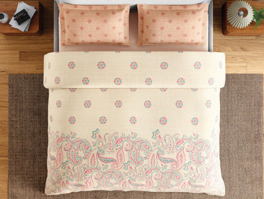 Spaces Flora 100% Cotton 144 TC Percale Ornate Double Bedsheet with 2 Pillow Covers, Light Yellow