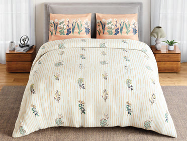 Spaces Flora 100% Cotton 144 TC Percale Floral Double Bedsheet with 2 Pillow Covers, Beige