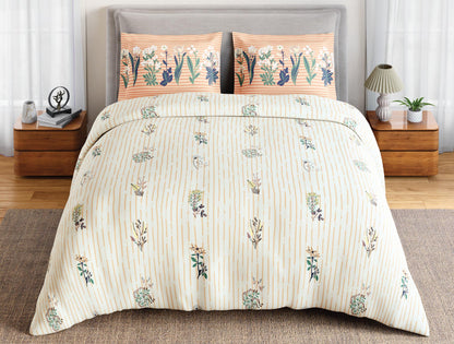 Spaces Flora 100% Cotton 144 TC Percale Floral Double Bedsheet with 2 Pillow Covers, Beige