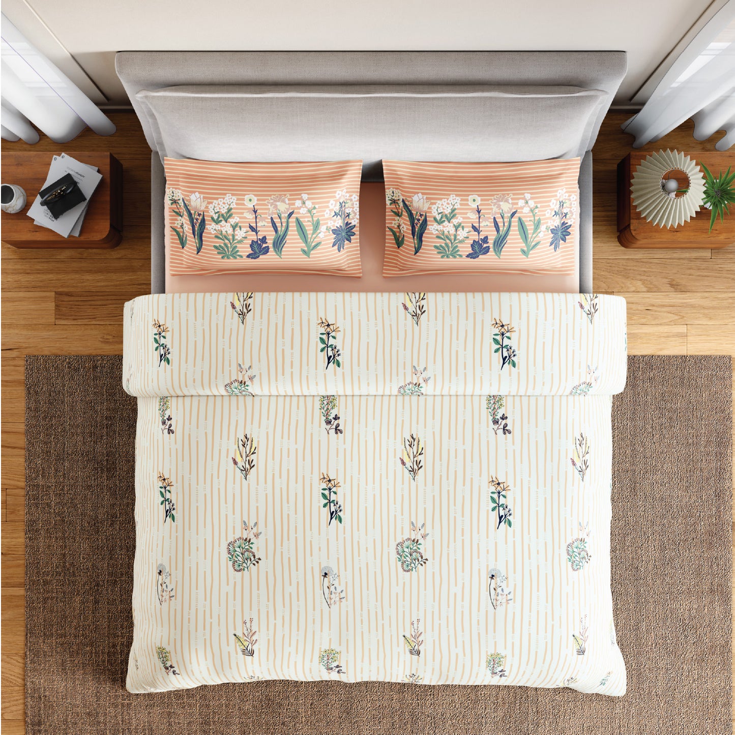 Spaces Flora 100% Cotton 144 TC Percale Floral Double Bedsheet with 2 Pillow Covers, Beige
