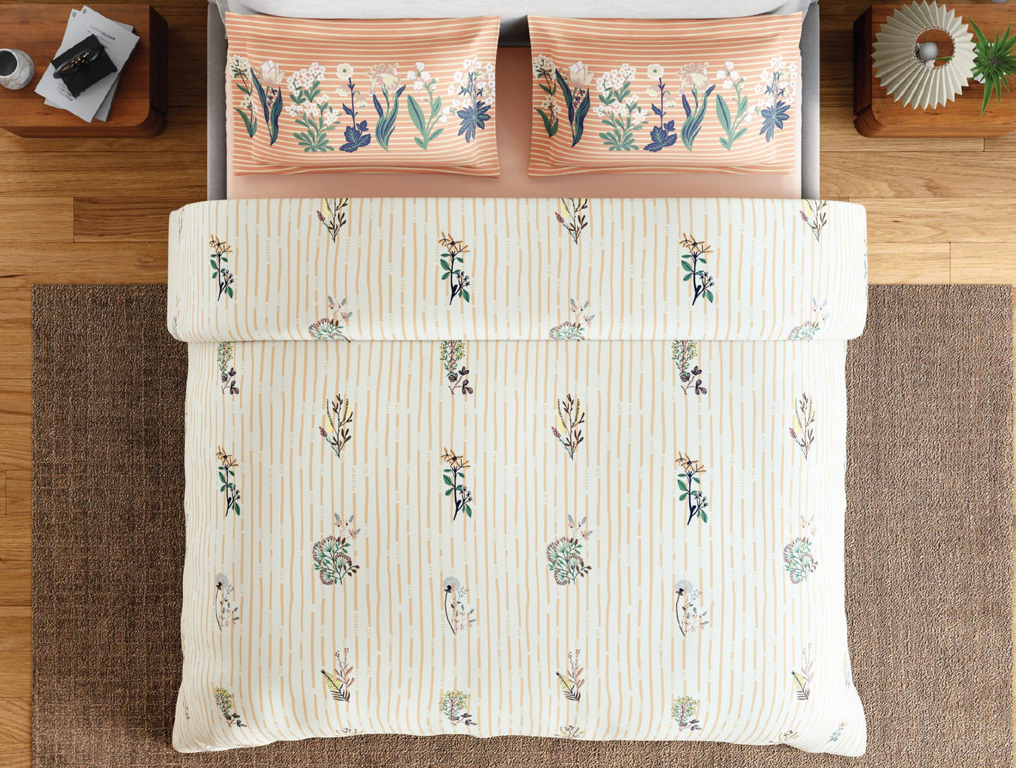 Spaces Flora 100% Cotton 144 TC Percale Floral Double Bedsheet with 2 Pillow Covers, Beige