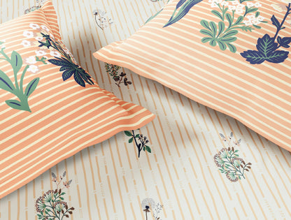 Spaces Flora 100% Cotton 144 TC Percale Floral Double Bedsheet with 2 Pillow Covers, Beige