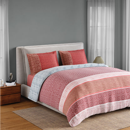 Spaces Flora 100% Cotton 144 TC Percale Geometric Double Bedsheet with 2 Pillow Covers, Dark Red