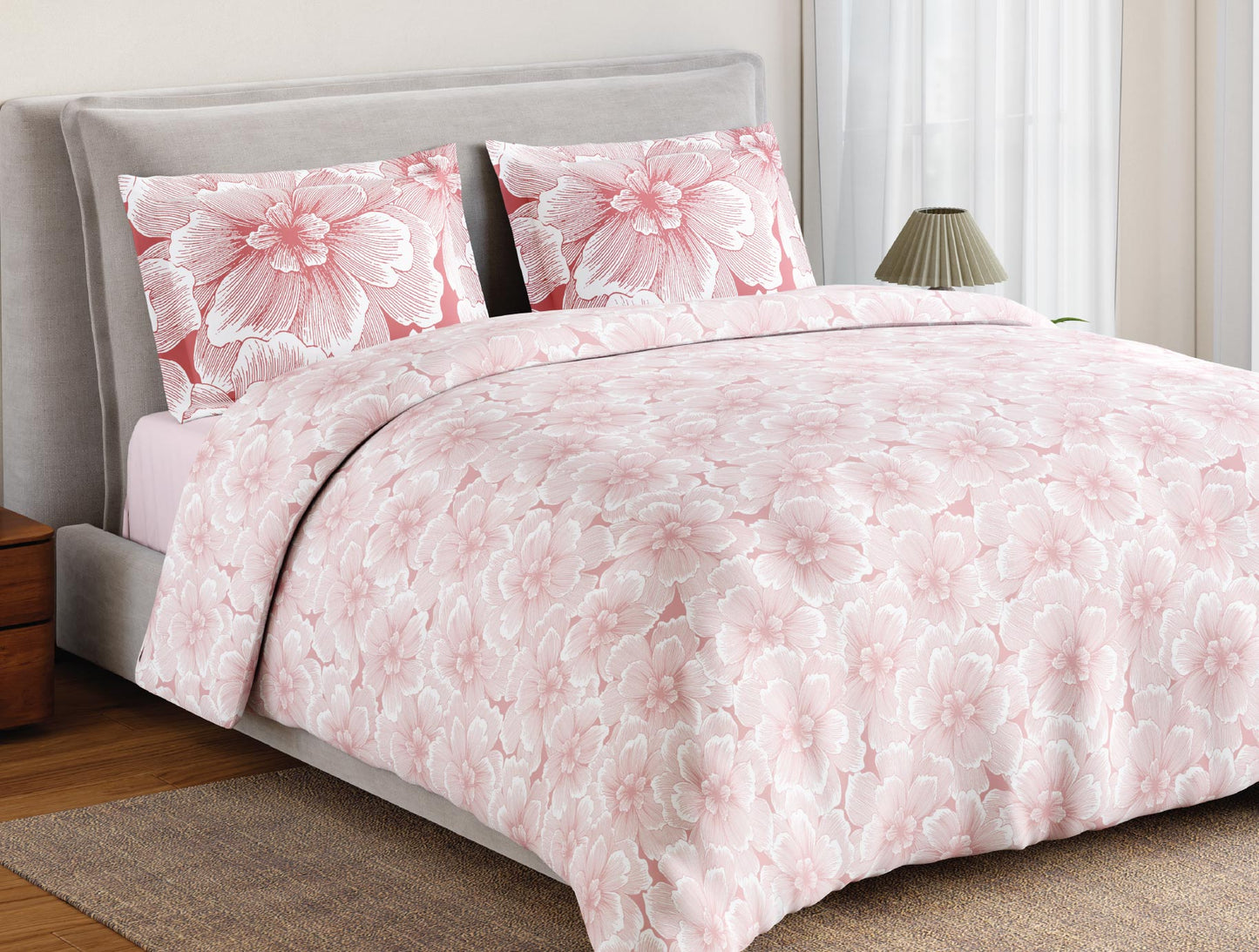 Spaces Flora 100% Cotton 144 TC Percale Floral Double Bedsheet with 2 Pillow Covers, Blush