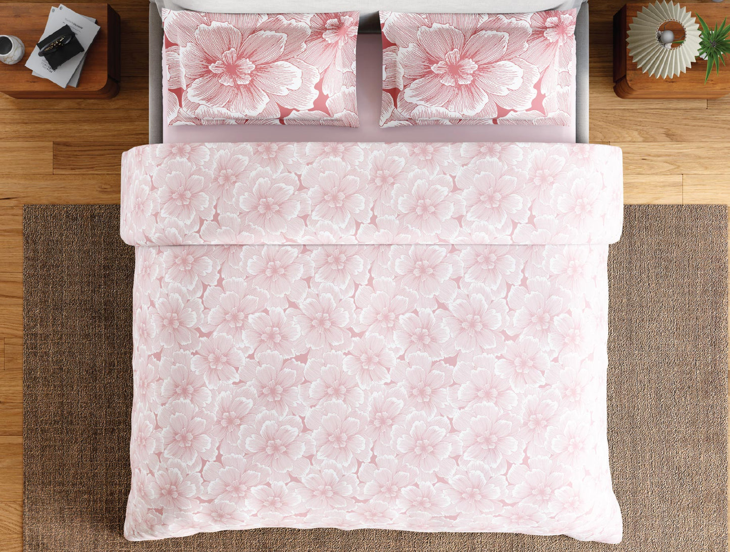Spaces Flora 100% Cotton 144 TC Percale Floral Double Bedsheet with 2 Pillow Covers, Blush
