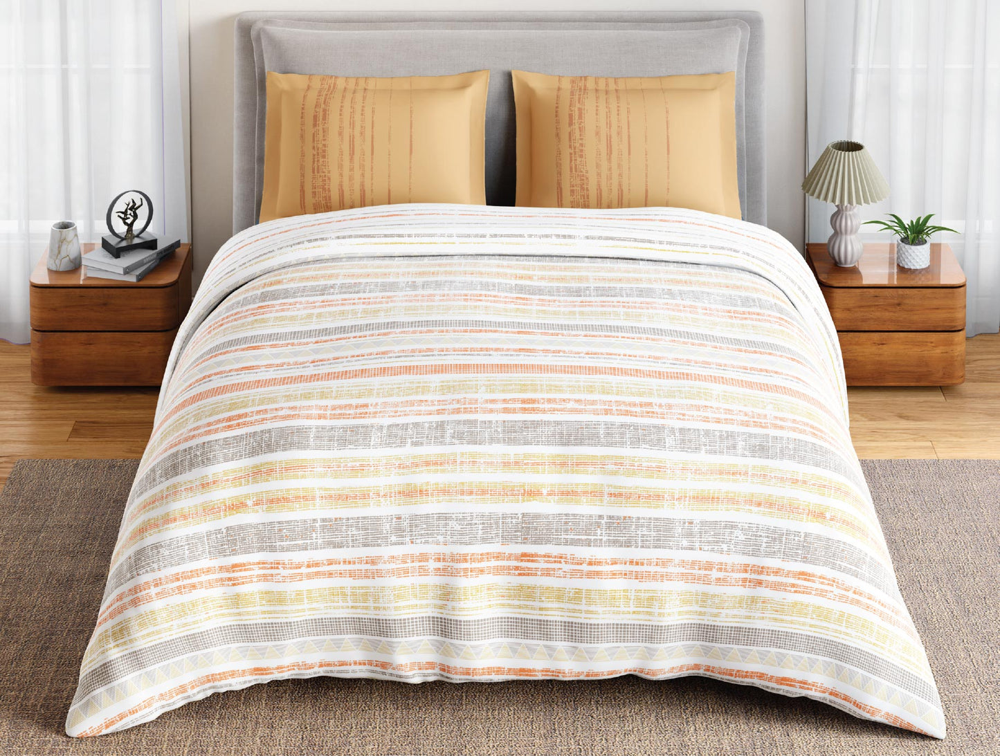 Spaces Flora 100% Cotton 144 TC Percale Geometric Double Bedsheet with 2 Pillow Covers, Beige