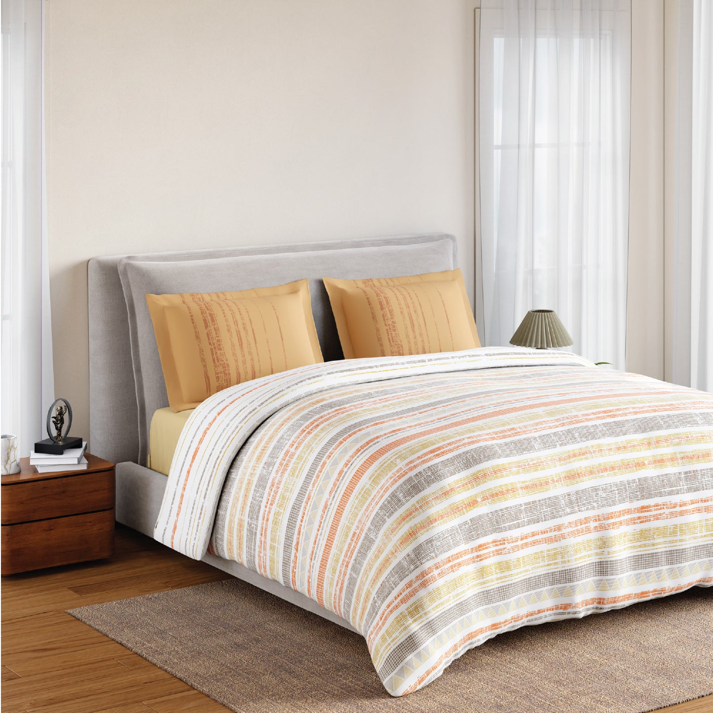 Spaces Flora 100% Cotton 144 TC Percale Geometric Double Bedsheet with 2 Pillow Covers, Beige