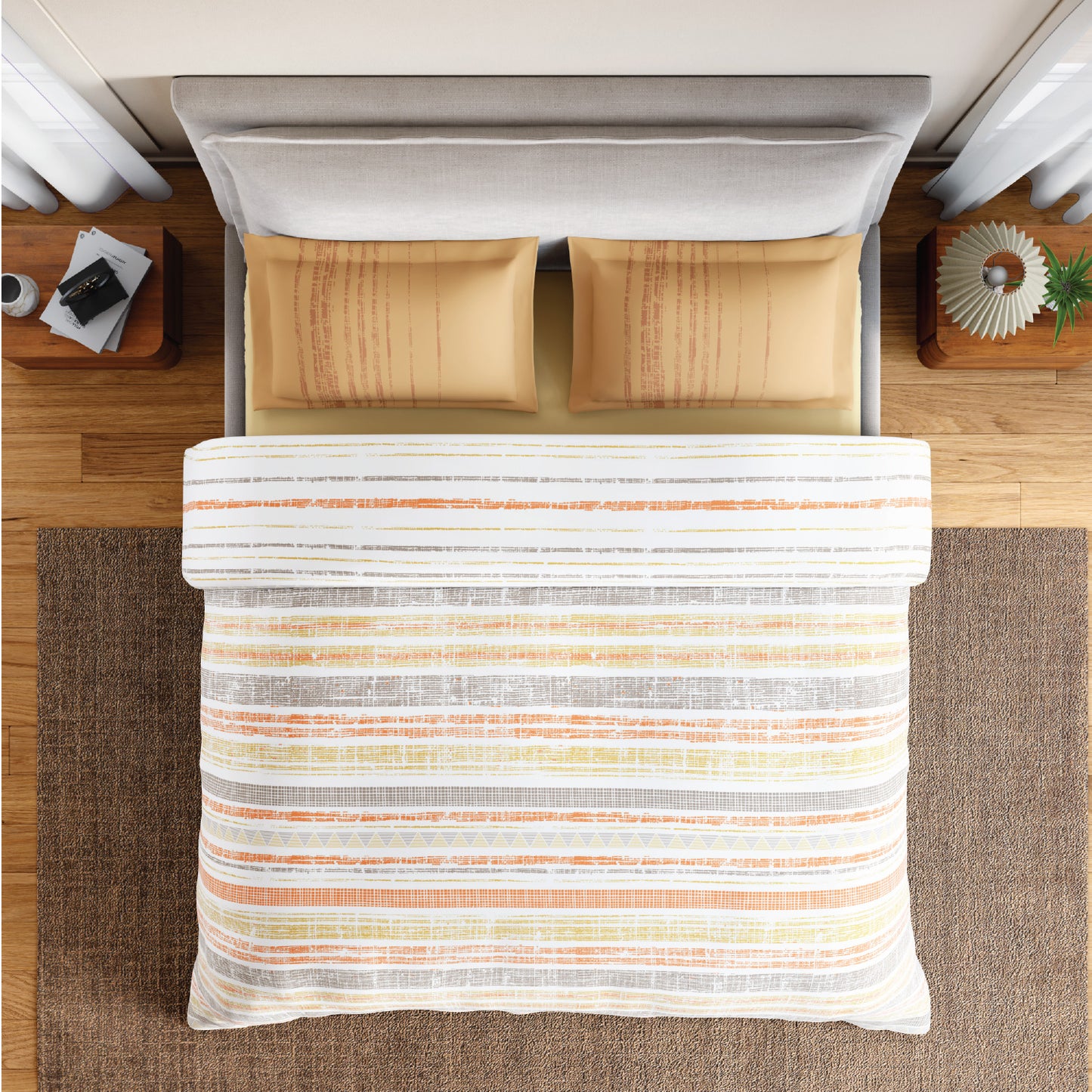 Spaces Flora 100% Cotton 144 TC Percale Geometric Double Bedsheet with 2 Pillow Covers, Beige