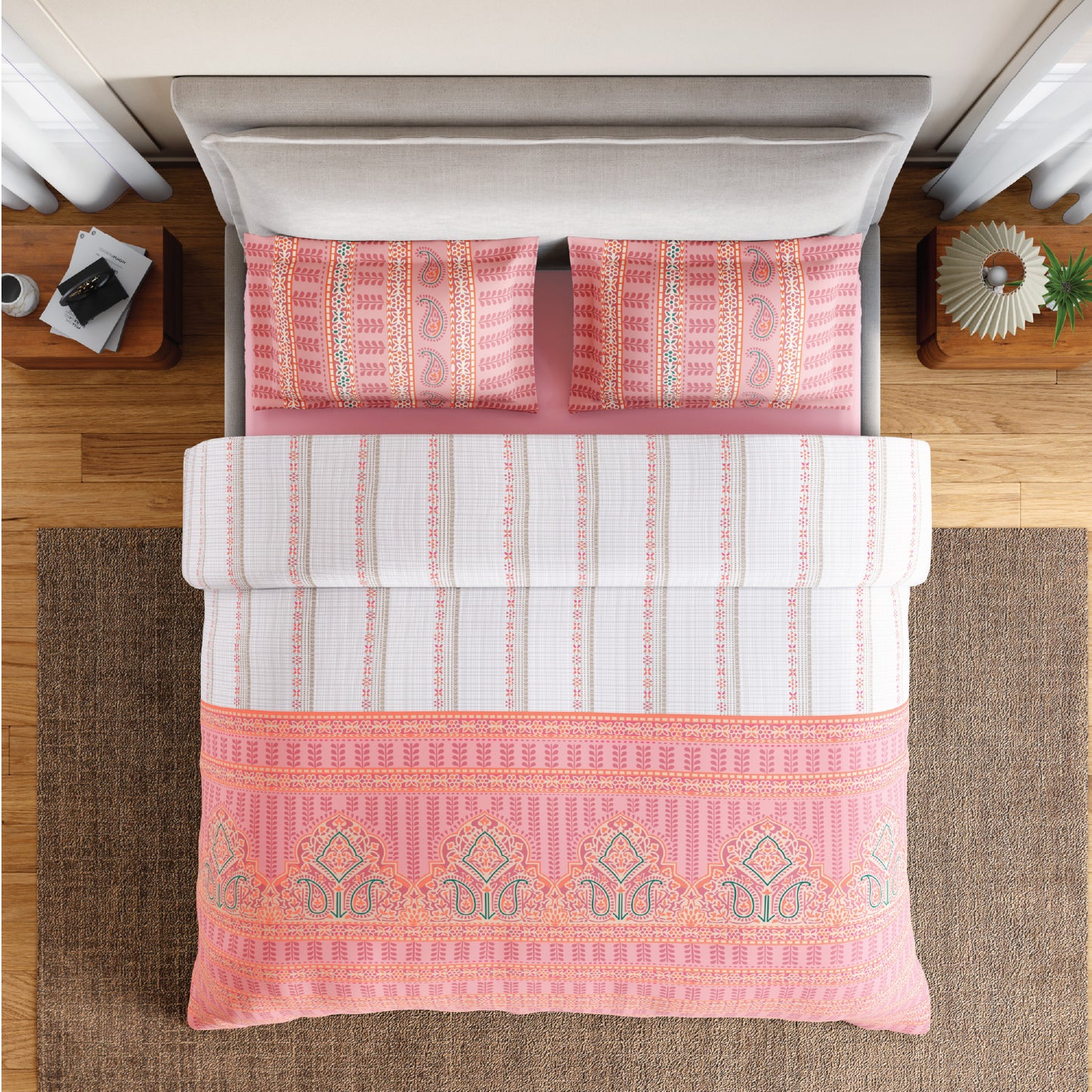 Spaces Flora 100% Cotton 144 TC Percale Ornate Double Bedsheet with 2 Pillow Covers, Pink