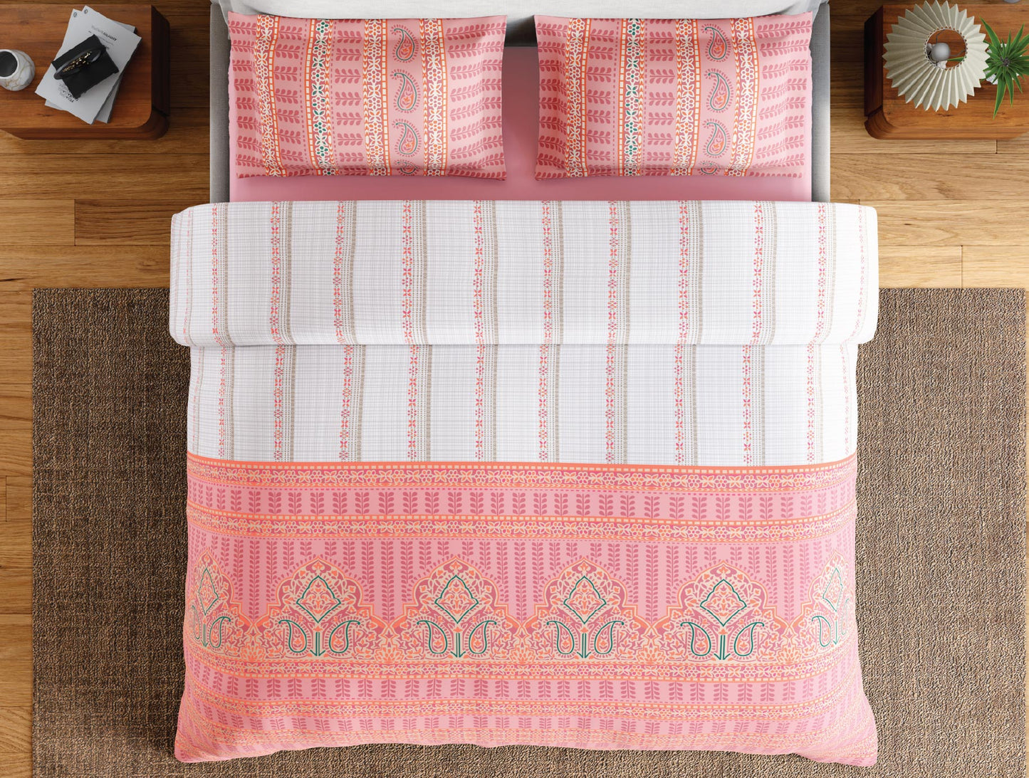 Spaces Flora 100% Cotton 144 TC Percale Ornate Double Bedsheet with 2 Pillow Covers, Pink