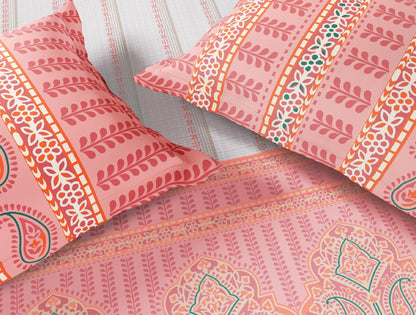 Spaces Flora 100% Cotton 144 TC Percale Ornate Double Bedsheet with 2 Pillow Covers, Pink