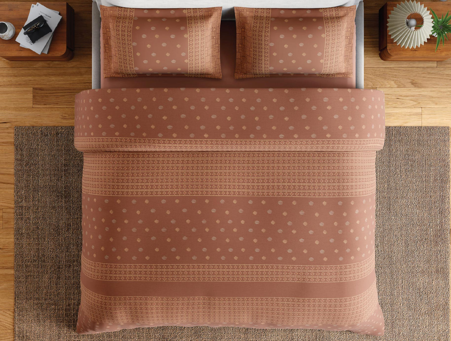 Spaces Flora 100% Cotton 144 TC Percale Ornate Double Bedsheet with 2 Pillow Covers, Brown