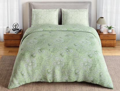 Spaces Flora 100% Cotton 144 TC Percale Floral Double Bedsheet with 2 Pillow Covers, Light Green