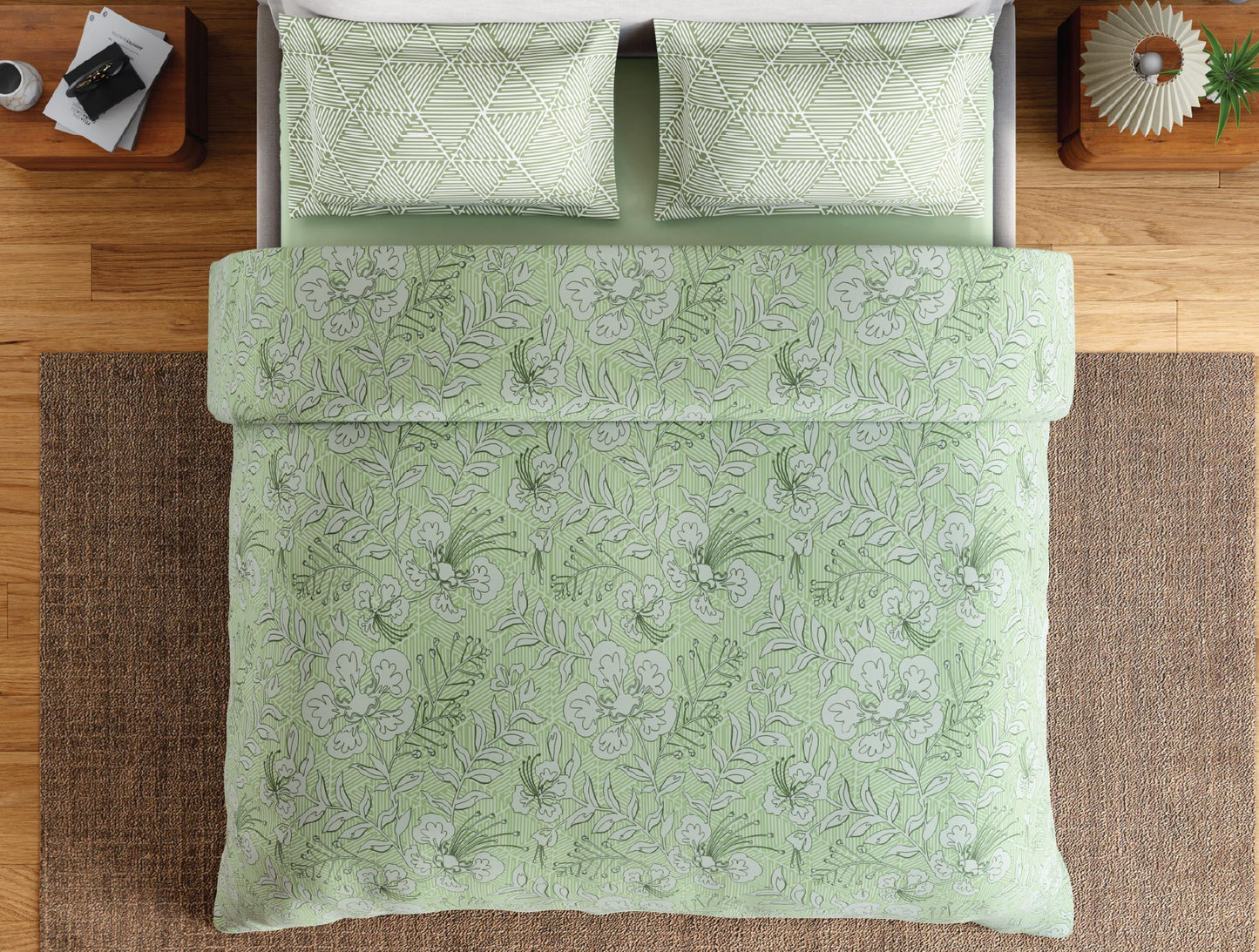 Spaces Flora 100% Cotton 144 TC Percale Floral Double Bedsheet with 2 Pillow Covers, Light Green