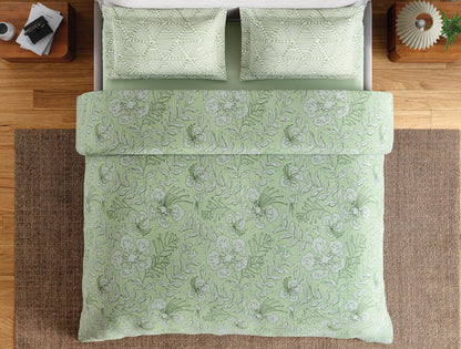 Spaces Flora 100% Cotton 144 TC Percale Floral Double Bedsheet with 2 Pillow Covers, Light Green