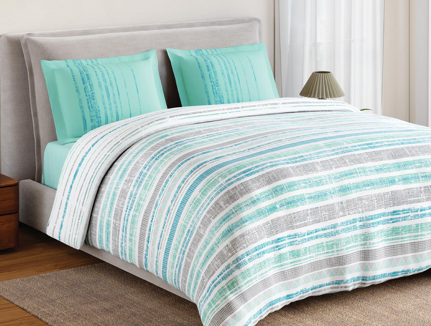 Spaces Flora 100% Cotton 144 TC Percale Geometric Double Bedsheet with 2 Pillow Covers, Aqua