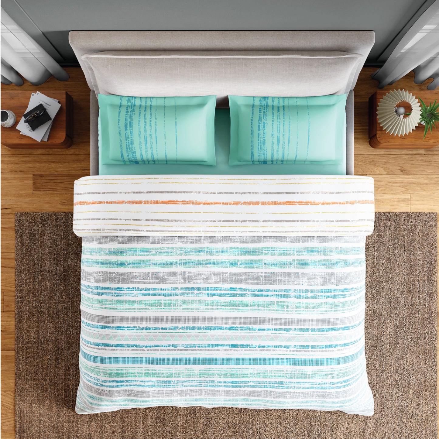 Spaces Flora 100% Cotton 144 TC Percale Geometric Double Bedsheet with 2 Pillow Covers, Aqua