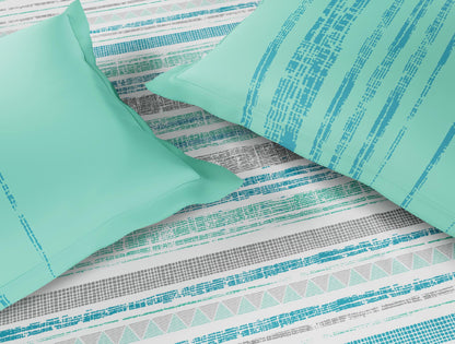 Spaces Flora 100% Cotton 144 TC Percale Geometric Double Bedsheet with 2 Pillow Covers, Aqua