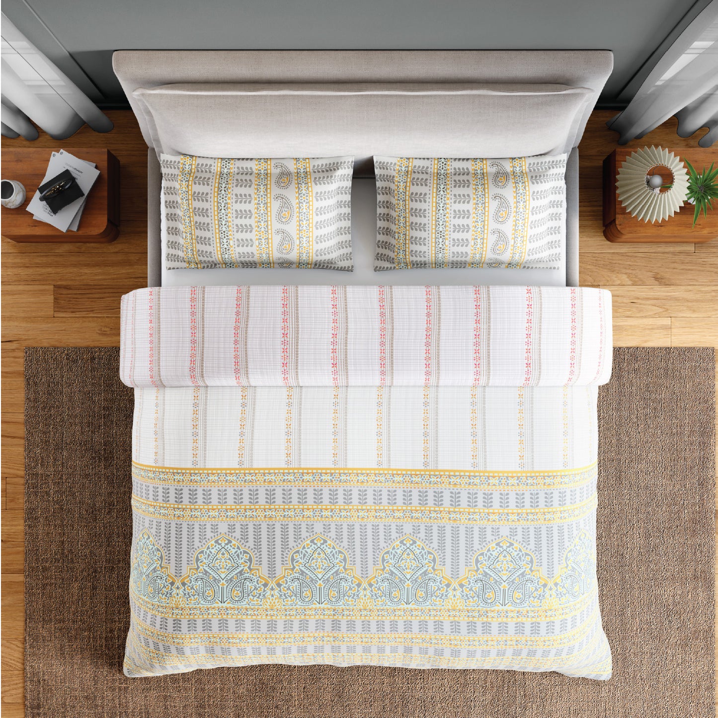 Spaces Flora 100% Cotton 144 TC Percale Ornate Double Bedsheet with 2 Pillow Covers, Light Grey