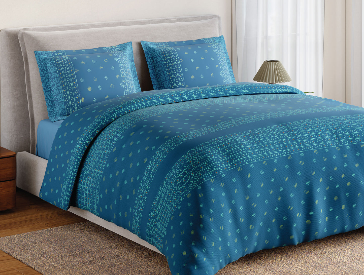 Spaces Flora 100% Cotton 144 TC Percale Ornate Double Bedsheet with 2 Pillow Covers, Blue