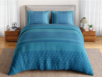Spaces Flora 100% Cotton 144 TC Percale Ornate Double Bedsheet with 2 Pillow Covers, Blue