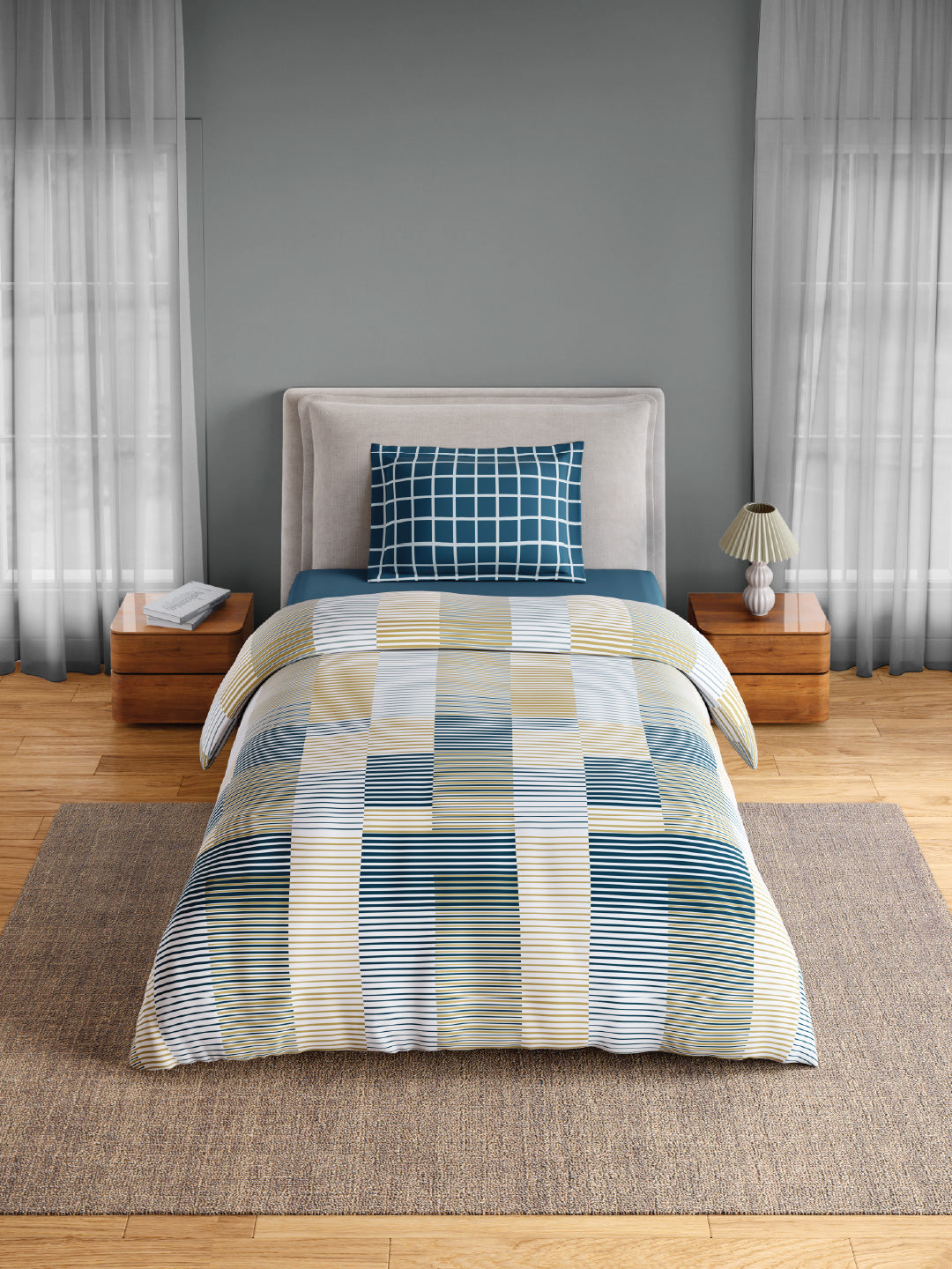 Spaces Flora 100% Cotton 144 TC Percale Geometric Single Bedsheet with 1 Pillow Cover, Light Yellow