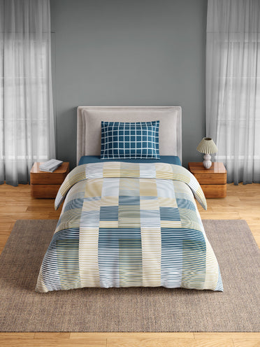 Spaces Flora 100% Cotton 144 TC Percale Geometric Single Bedsheet with 1 Pillow Cover, Light Yellow