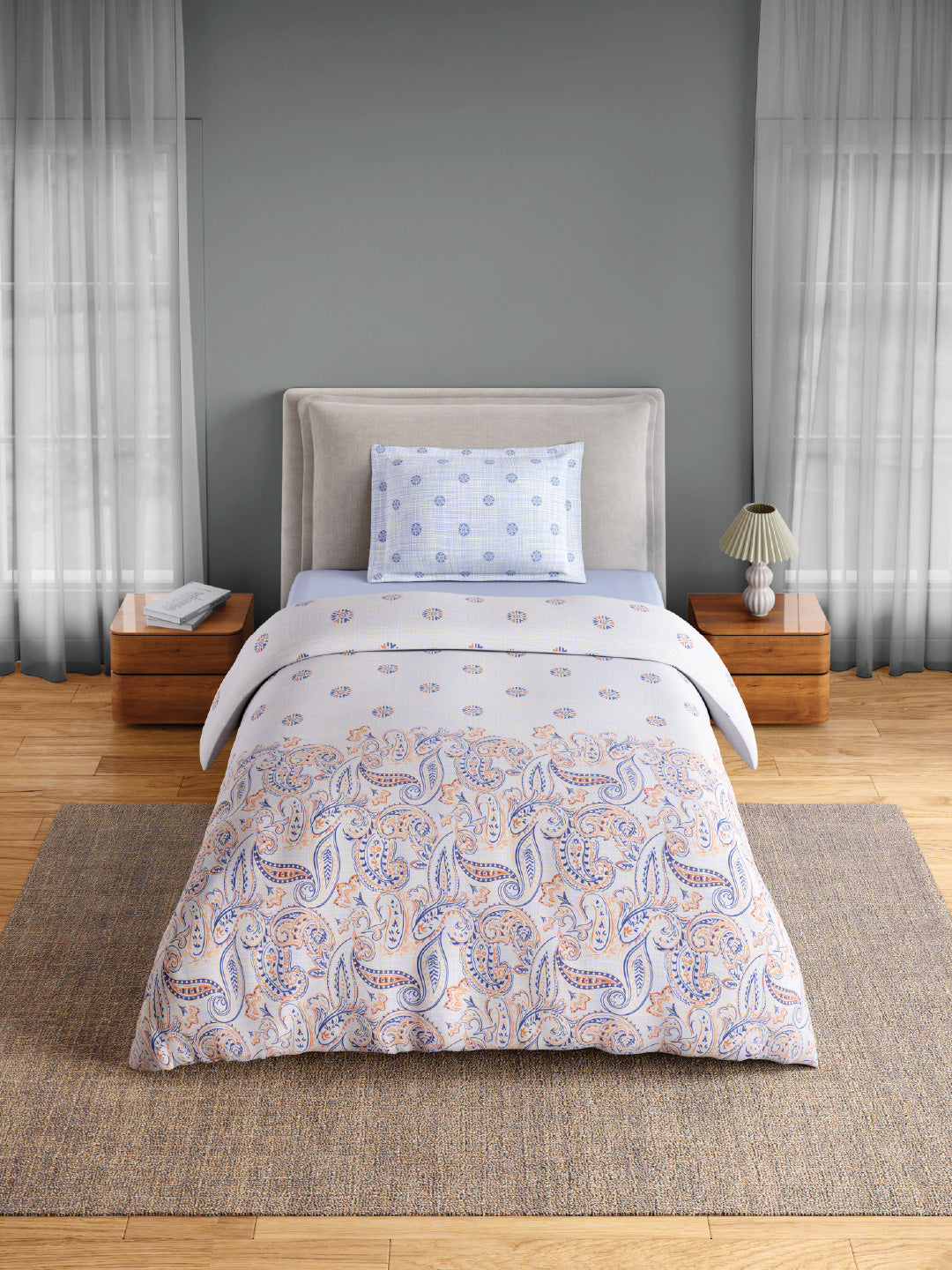 Spaces Flora 100% Cotton 144 TC Percale Ornate Single Bedsheet with 1 Pillow Cover, Orange