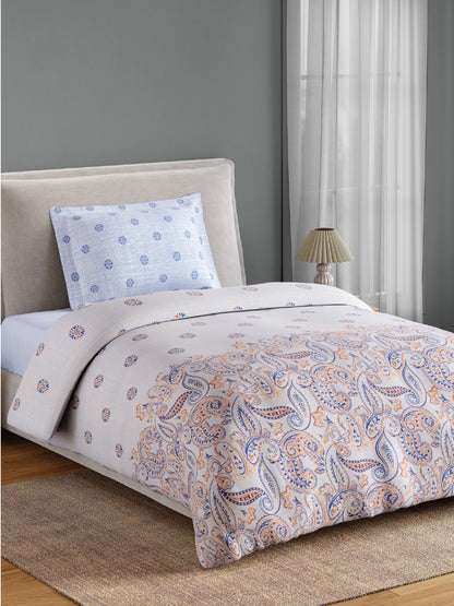 Spaces Flora 100% Cotton 144 TC Percale Ornate Single Bedsheet with 1 Pillow Cover, Orange
