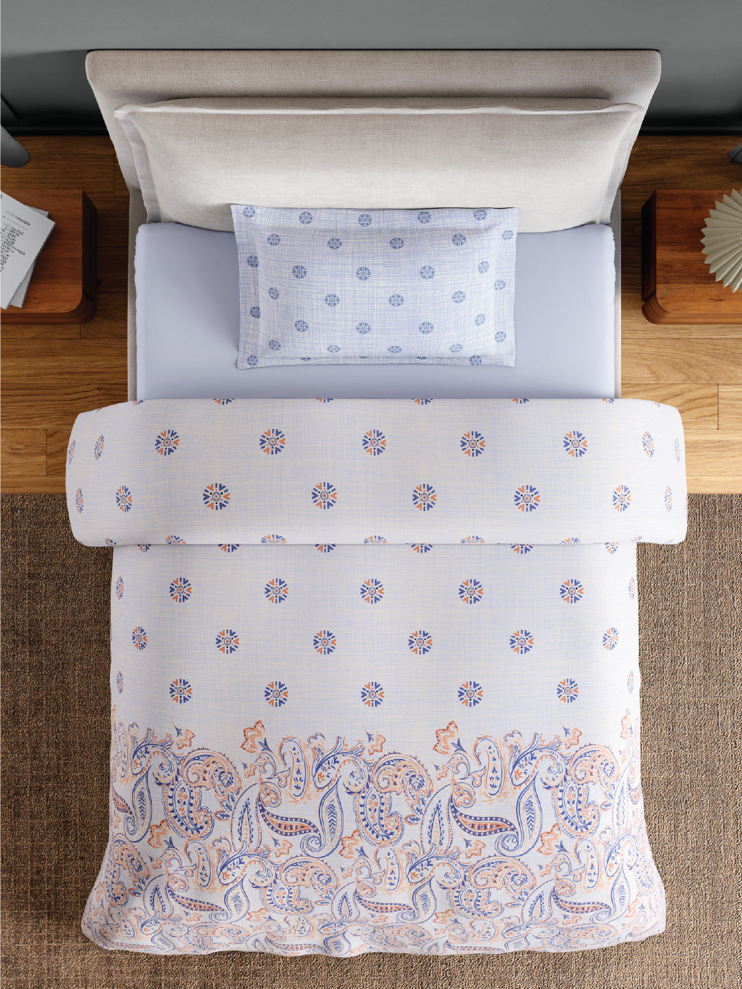 Spaces Flora 100% Cotton 144 TC Percale Ornate Single Bedsheet with 1 Pillow Cover, Orange