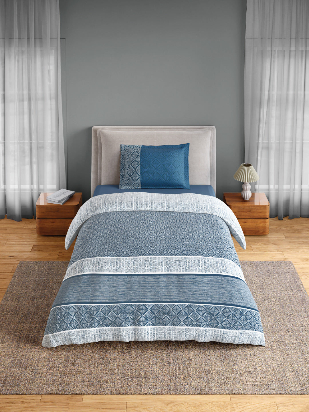 Spaces Flora 100% Cotton 144 TC Percale Geometric Single Bedsheet with 1 Pillow Cover, Dark Blue