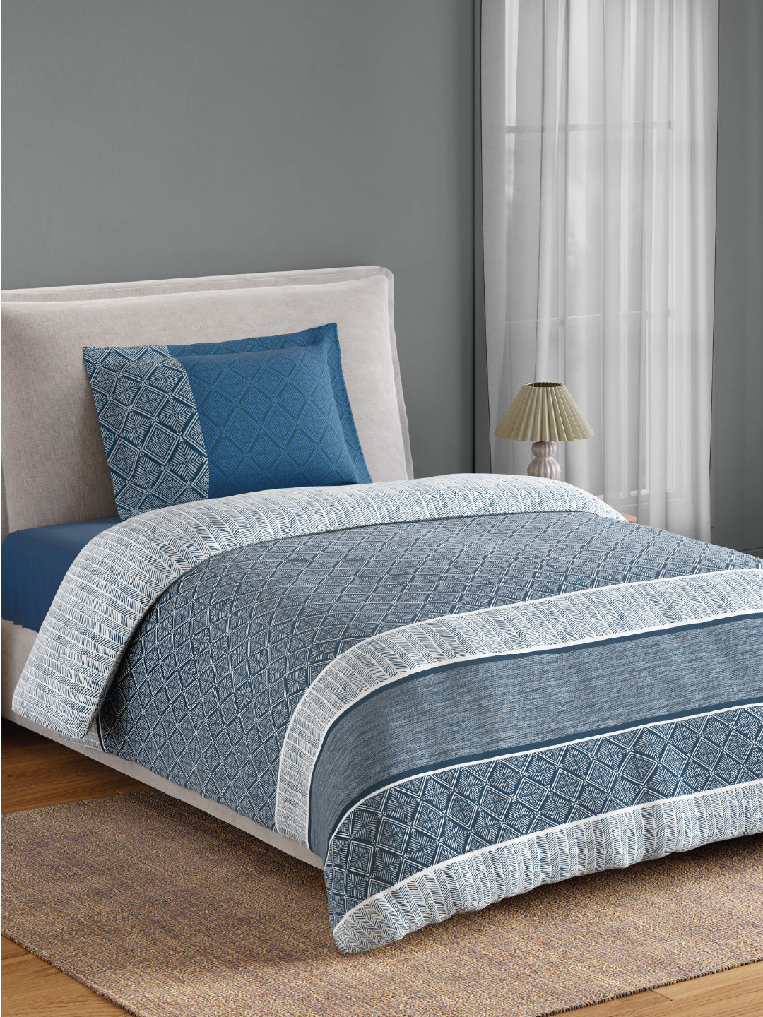 Spaces Flora 100% Cotton 144 TC Percale Geometric Single Bedsheet with 1 Pillow Cover, Dark Blue