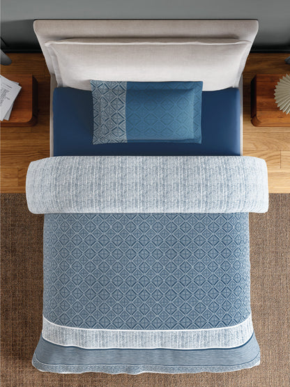 Spaces Flora 100% Cotton 144 TC Percale Geometric Single Bedsheet with 1 Pillow Cover, Dark Blue