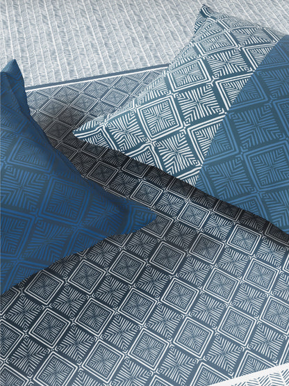 Spaces Flora 100% Cotton 144 TC Percale Geometric Single Bedsheet with 1 Pillow Cover, Dark Blue